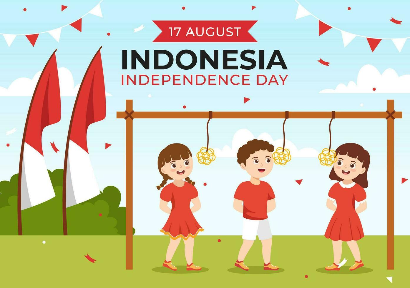 Indonesian Independence Day Vector Illustration On 17th August with Kids Doing Traditional Competition in Flat Cartoon Hand Drawn Template