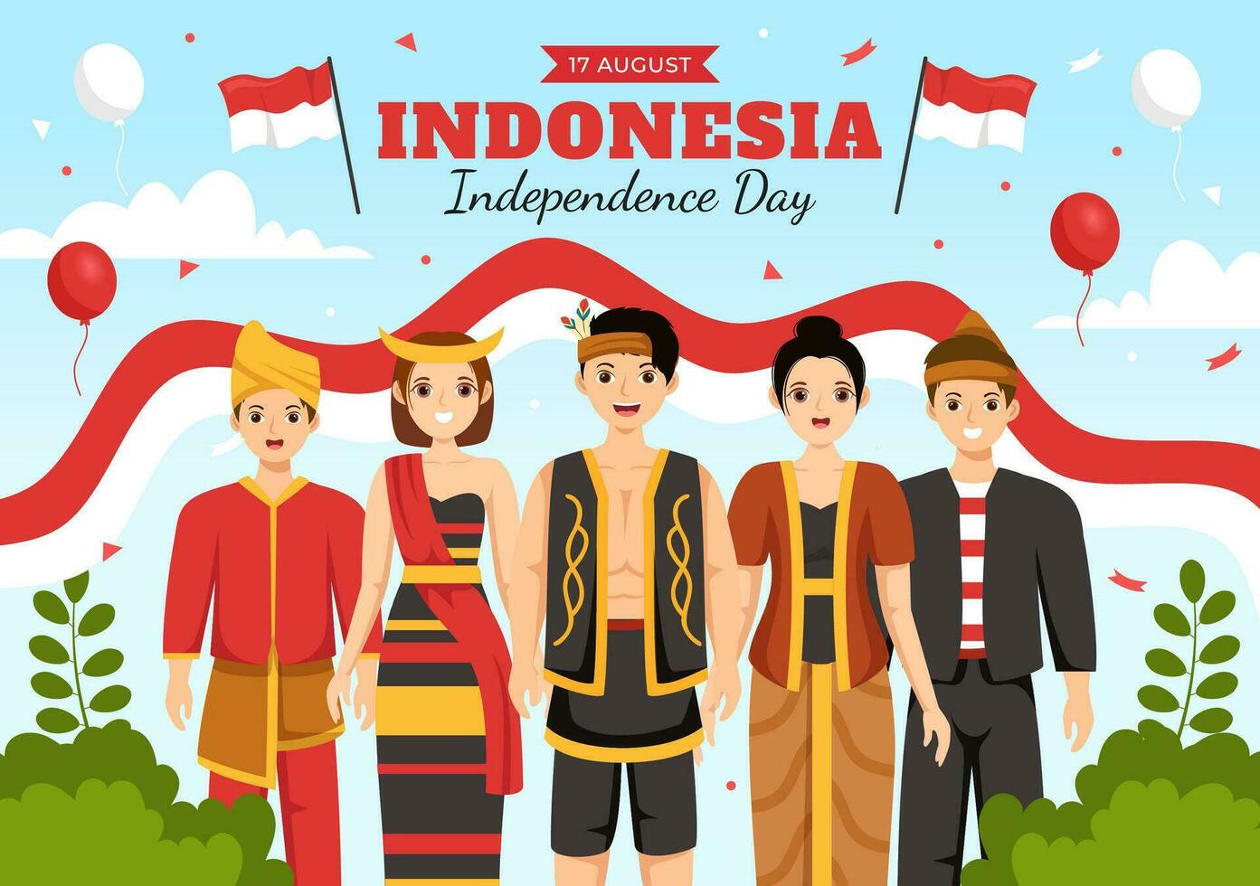 Indonesia independencia día vector ilustración en 17 agosto con indonesio bandera levantamiento el rojo y blanco en plano dibujos animados mano dibujado plantillas