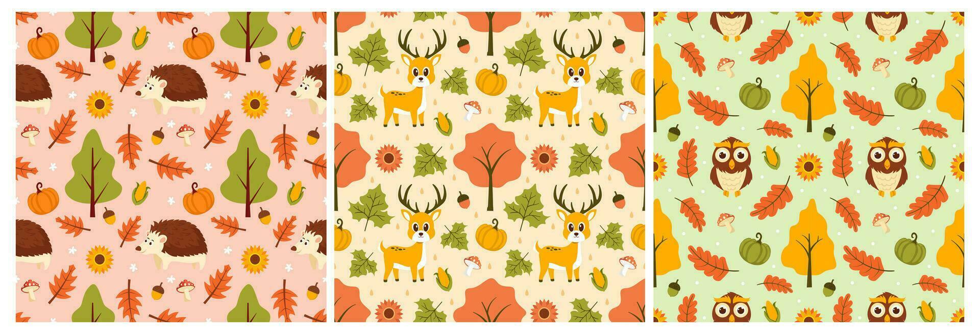 Set of Autumn Seamless Pattern Illustration Element Panoramic of Maple Trees Fallen in Cartoon Template Hand Drawn vector