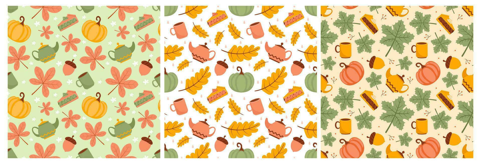 Set of Autumn Seamless Pattern Illustration Element Panoramic of Maple Trees Fallen in Cartoon Template Hand Drawn vector