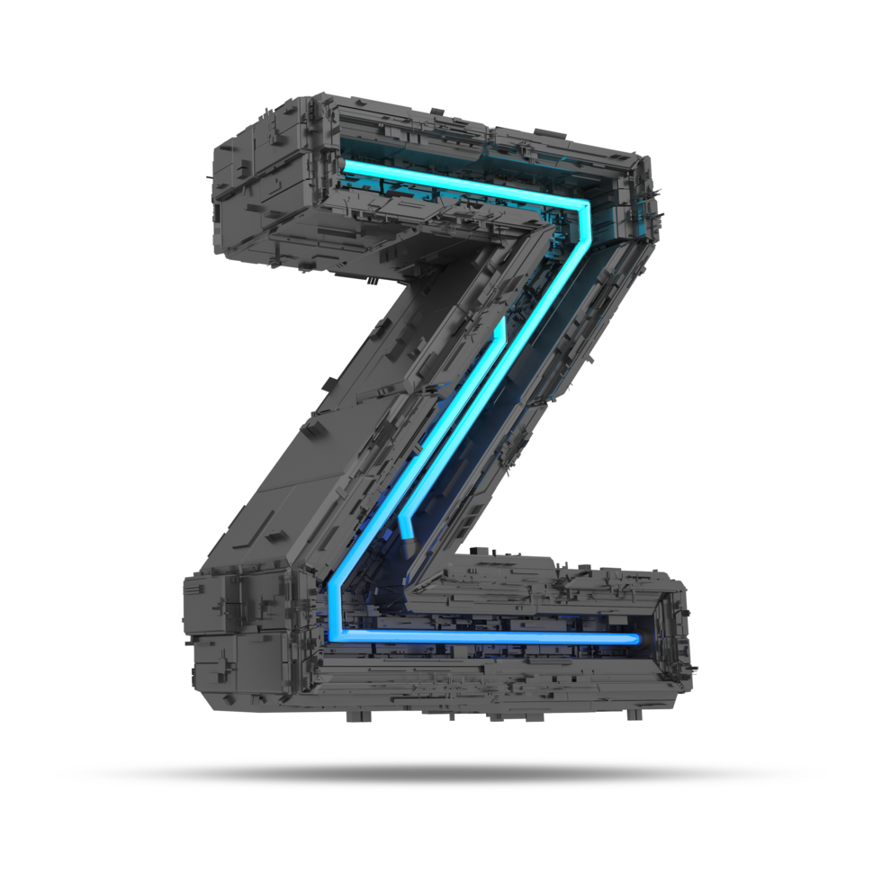 3d spaceship alphabet with neon light effect, 3d rendering png