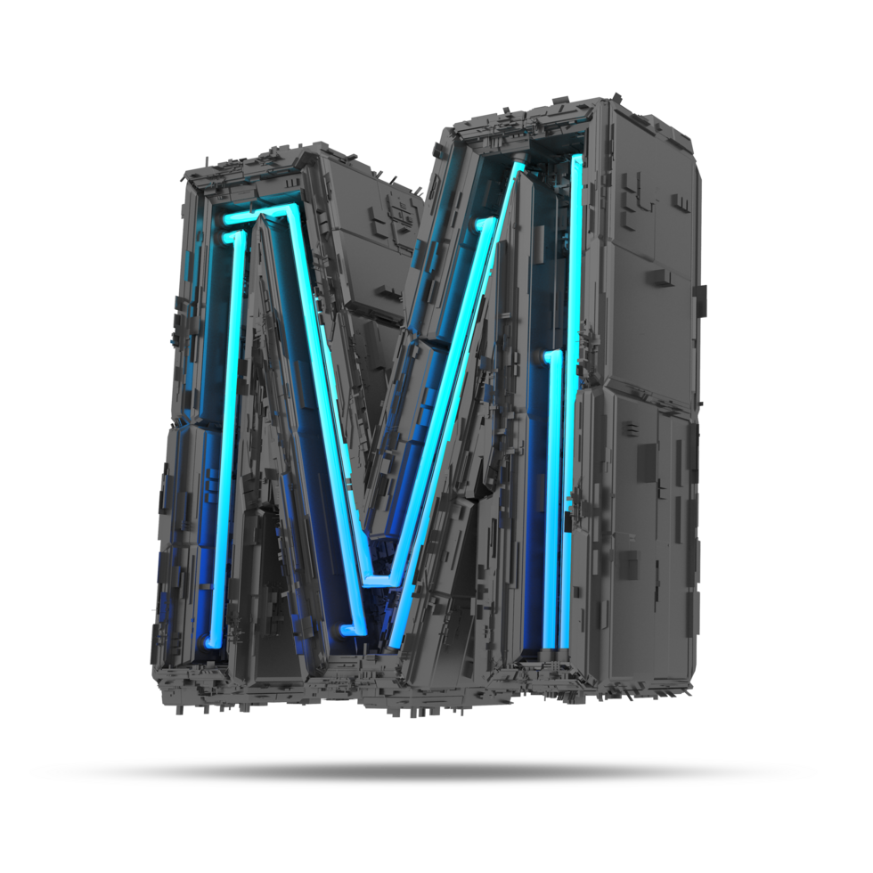 3d spaceship alphabet with neon light effect, 3d rendering png