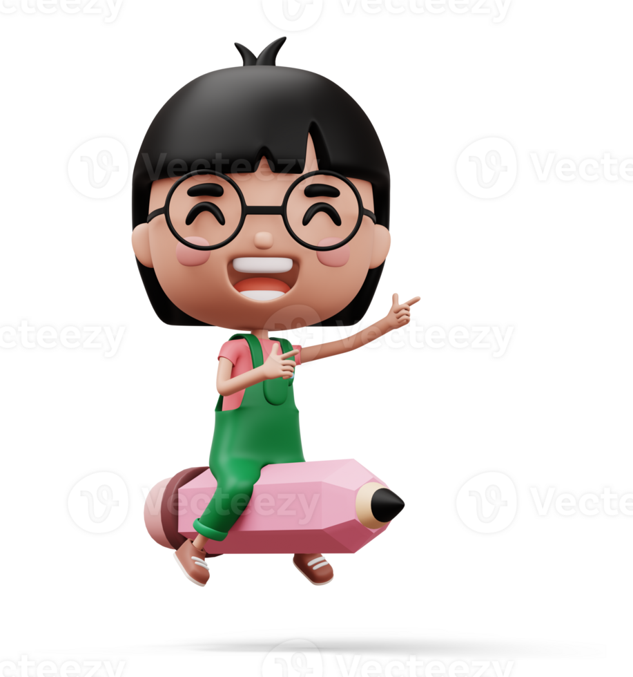 Happy child with pencil, cute girl cartoon character, 3d rendering png