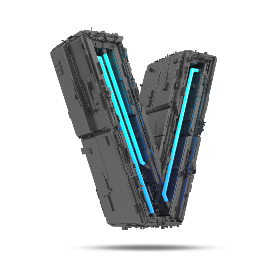 3d spaceship alphabet with neon light effect, 3d rendering png
