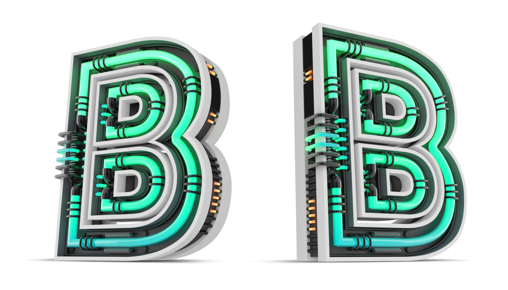 3D Alphabet with green neon light effect, 3d rendering png