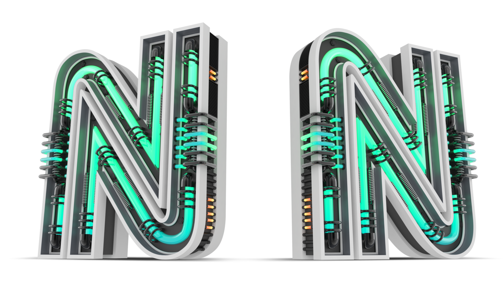 3D Alphabet with green neon light effect, 3d rendering png