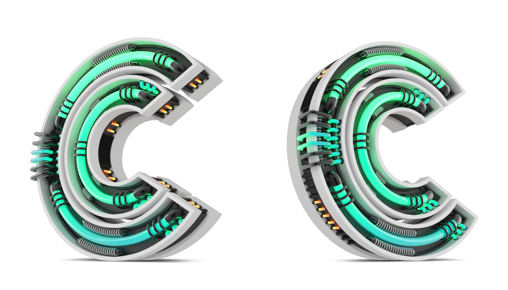 3D Alphabet with green neon light effect, 3d rendering png