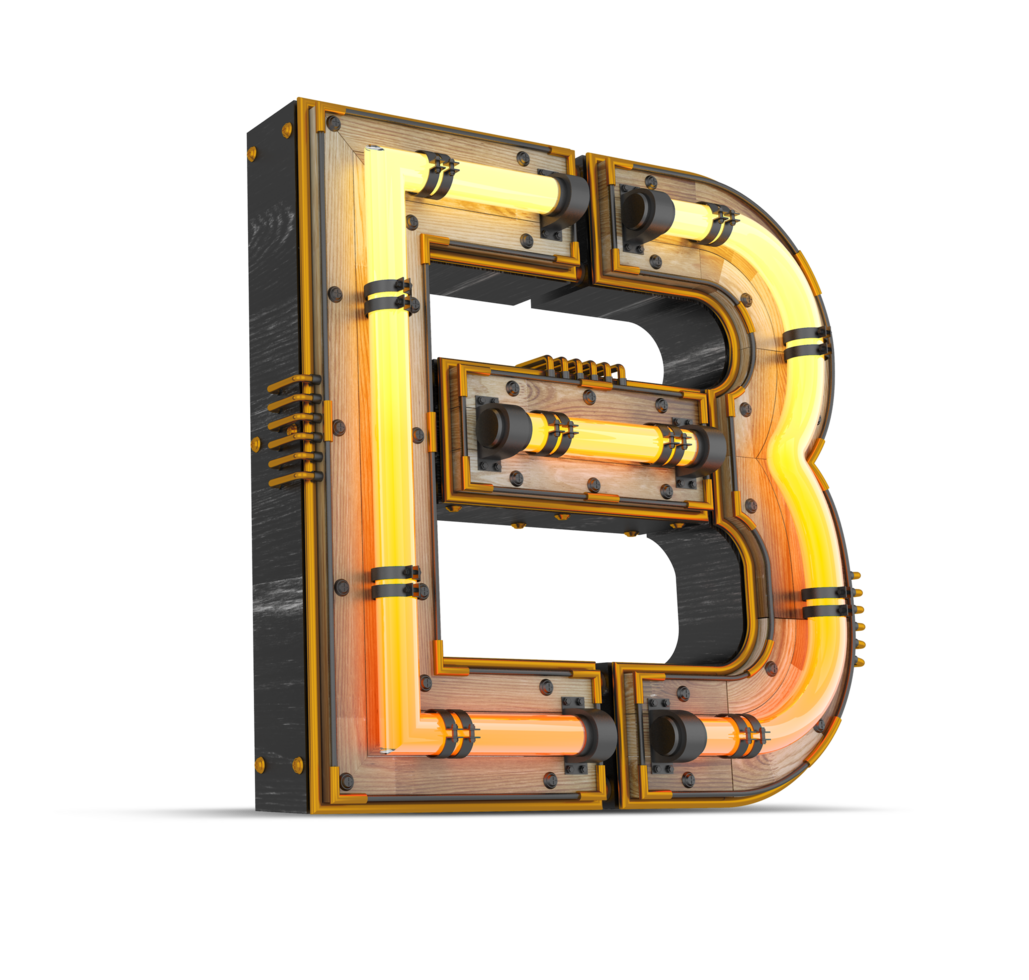 3D wooden alphabet with neon light effect, 3d rendering png