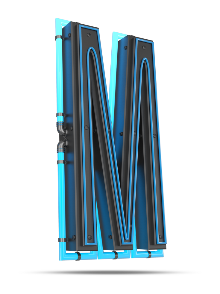 3D Alphabet with blue neon light effect, 3d rendering png
