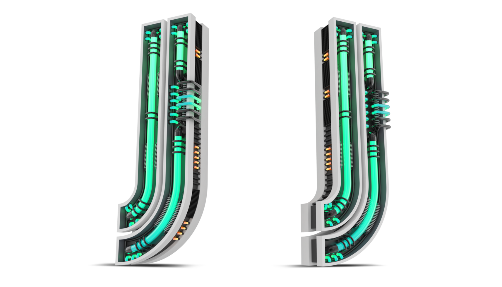 3D Alphabet with green neon light effect, 3d rendering png