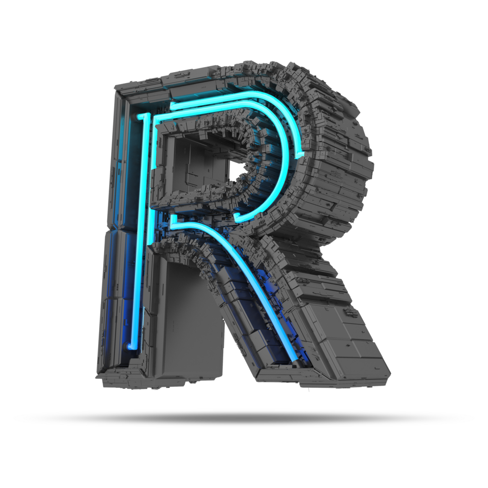 3d spaceship alphabet with neon light effect, 3d rendering png