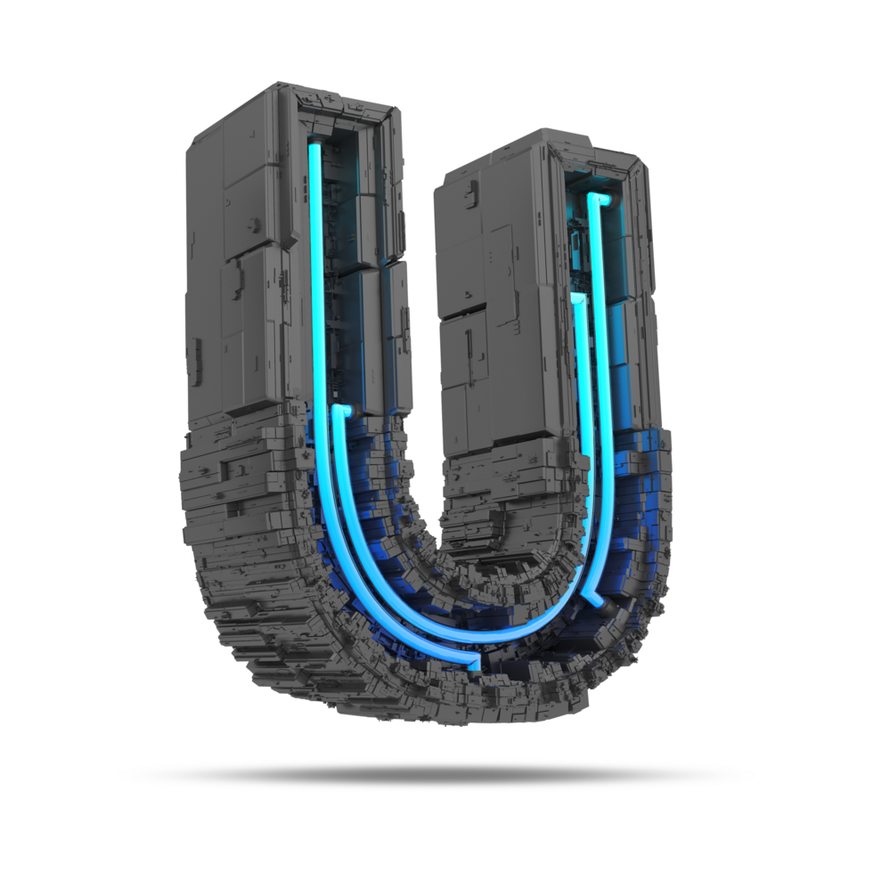 3d spaceship alphabet with neon light effect, 3d rendering png