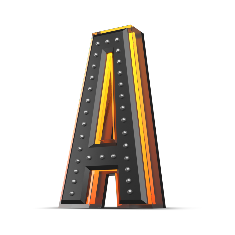 3D alphabet with pin decoration and neon light effect, 3d rendering png