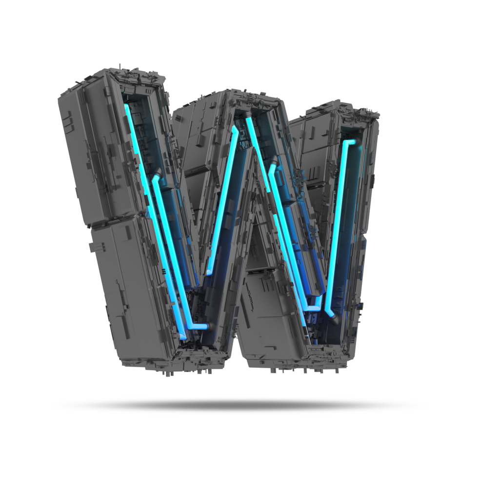 3d spaceship alphabet with neon light effect, 3d rendering png