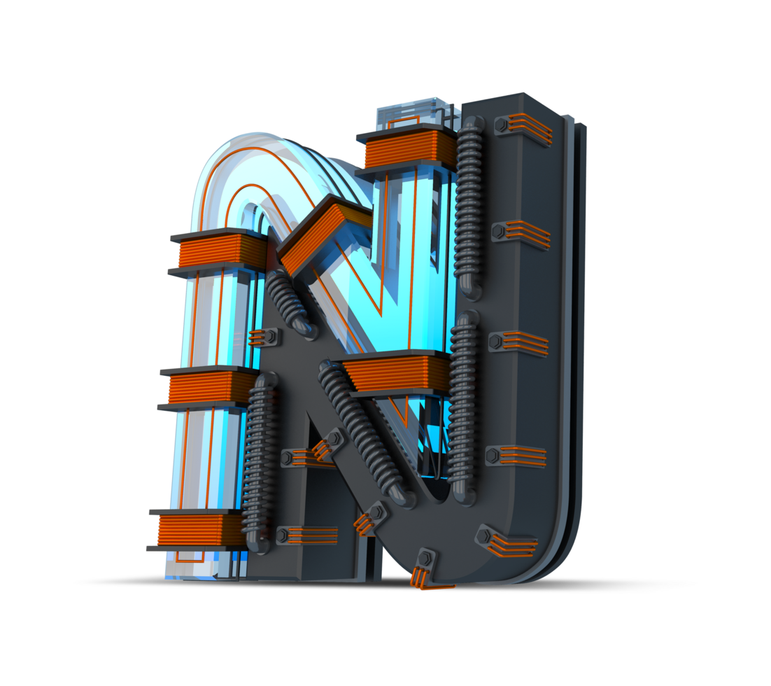 3D Alphabet blue neon light with Copper wire, 3d rendering png