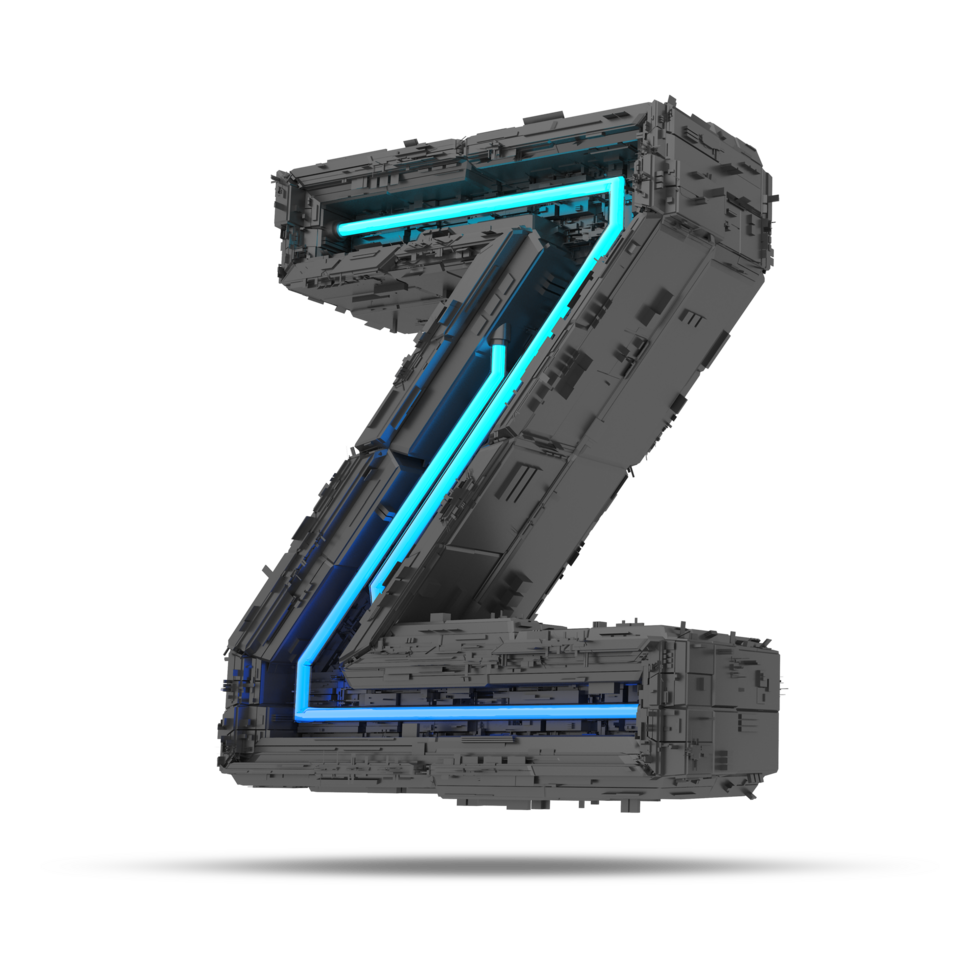 3d spaceship alphabet with neon light effect, 3d rendering png