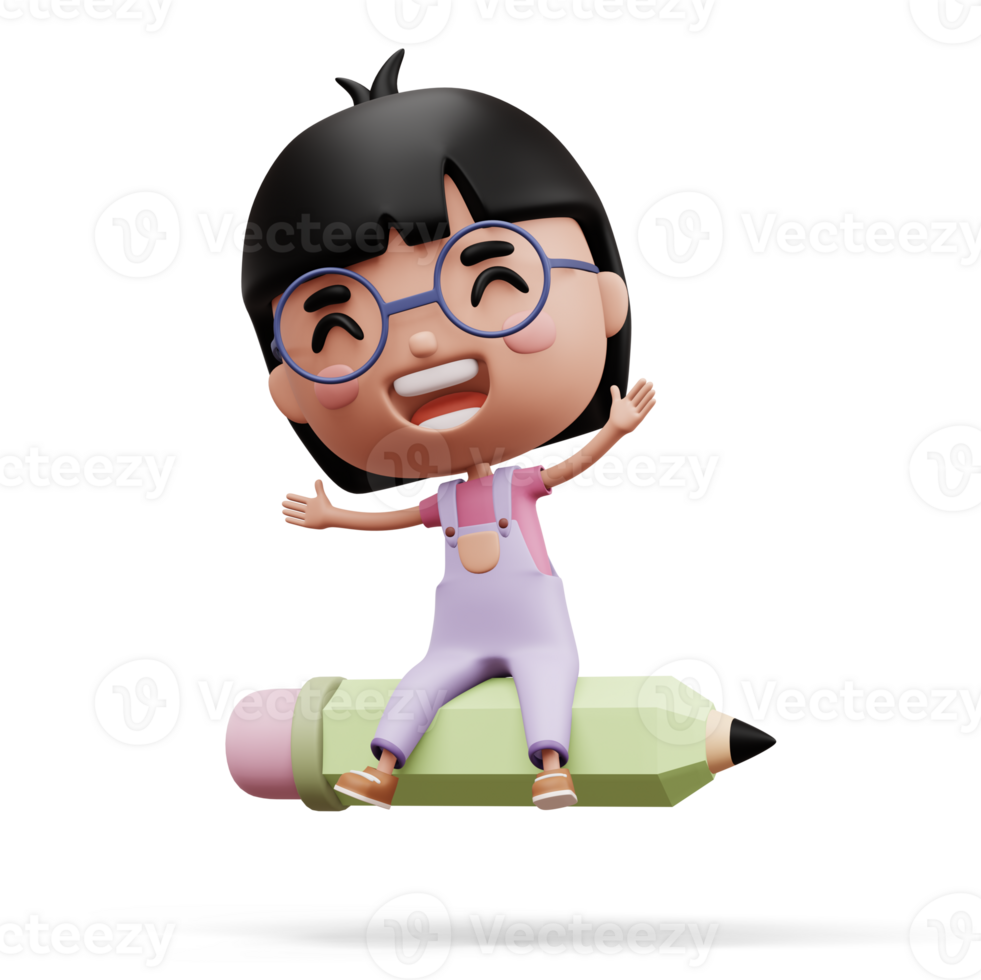 Happy child with pencil, cute girl cartoon character, 3d rendering png