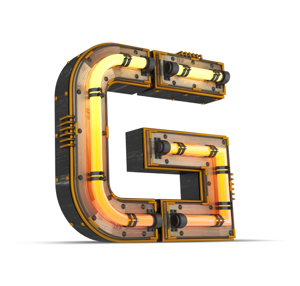3D wooden alphabet with neon light effect, 3d rendering png