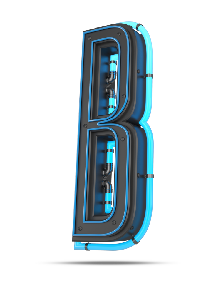 3D Alphabet with blue neon light effect, 3d rendering png