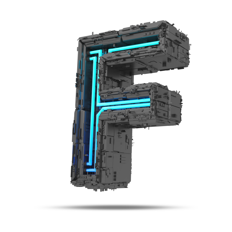 3d spaceship alphabet with neon light effect, 3d rendering png