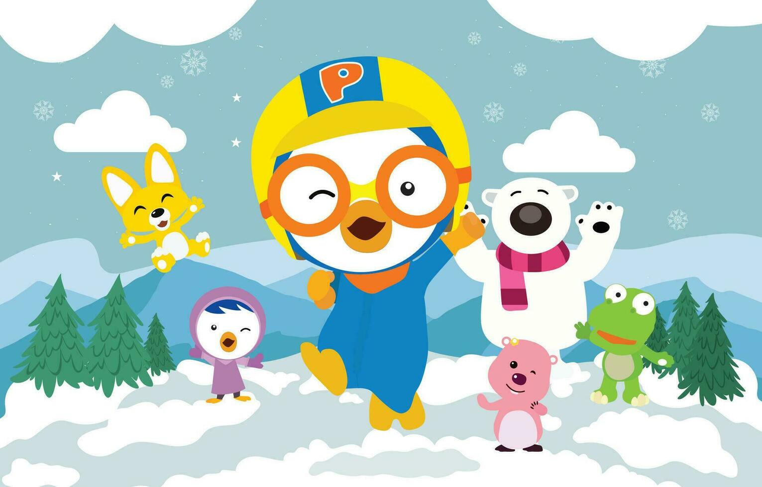 pororo con amigo en el nieve antecedentes vector