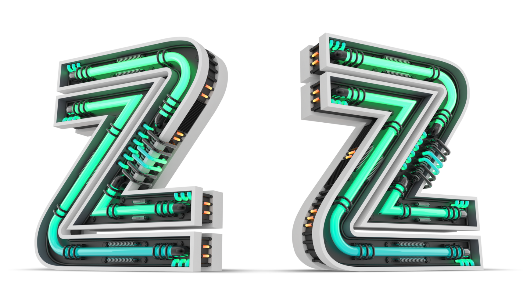3D Alphabet with green neon light effect, 3d rendering png