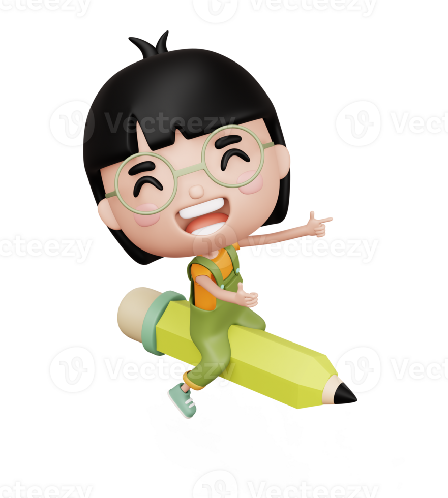 Happy child with pencil, cute girl cartoon character, 3d rendering png