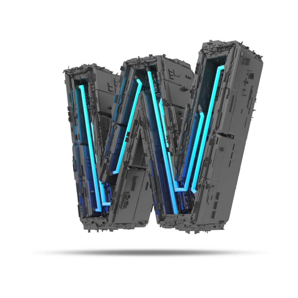 3d spaceship alphabet with neon light effect, 3d rendering png
