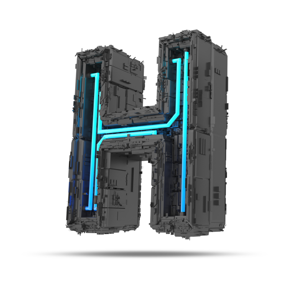 3d spaceship alphabet with neon light effect, 3d rendering png