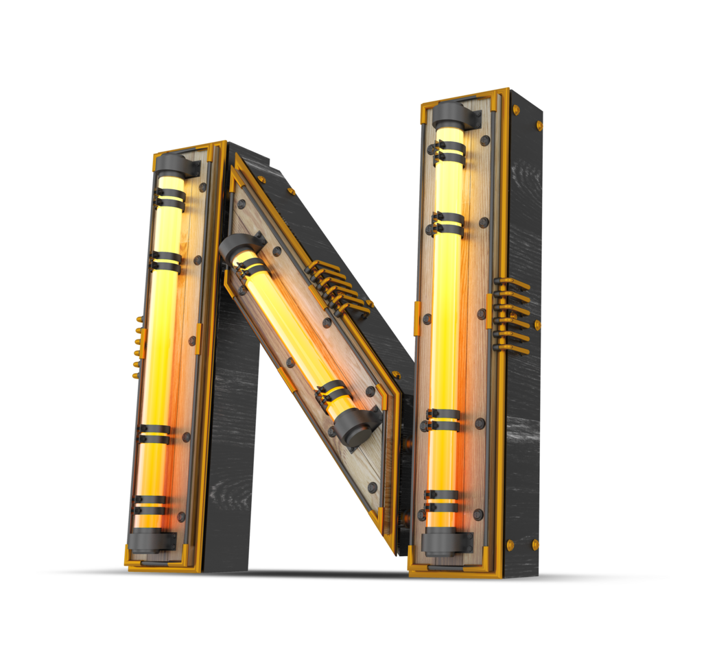 3D wooden alphabet with neon light effect, 3d rendering png
