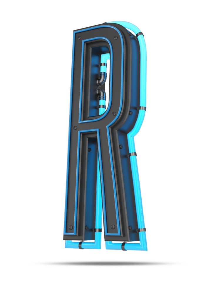 3D Alphabet with blue neon light effect, 3d rendering png