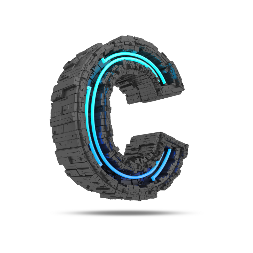 3d spaceship alphabet with neon light effect, 3d rendering png