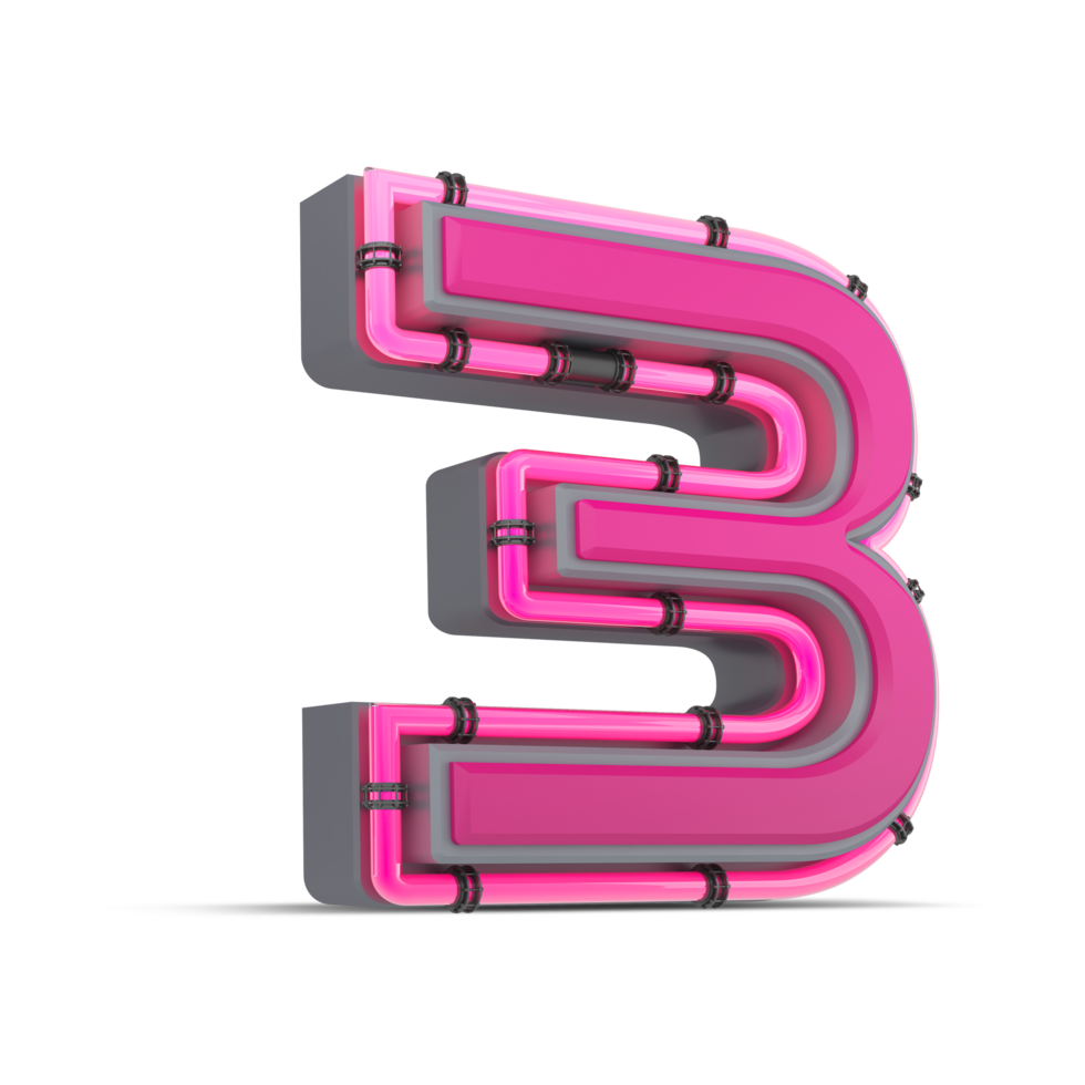 3D pink number with neon light, 3d rendering png