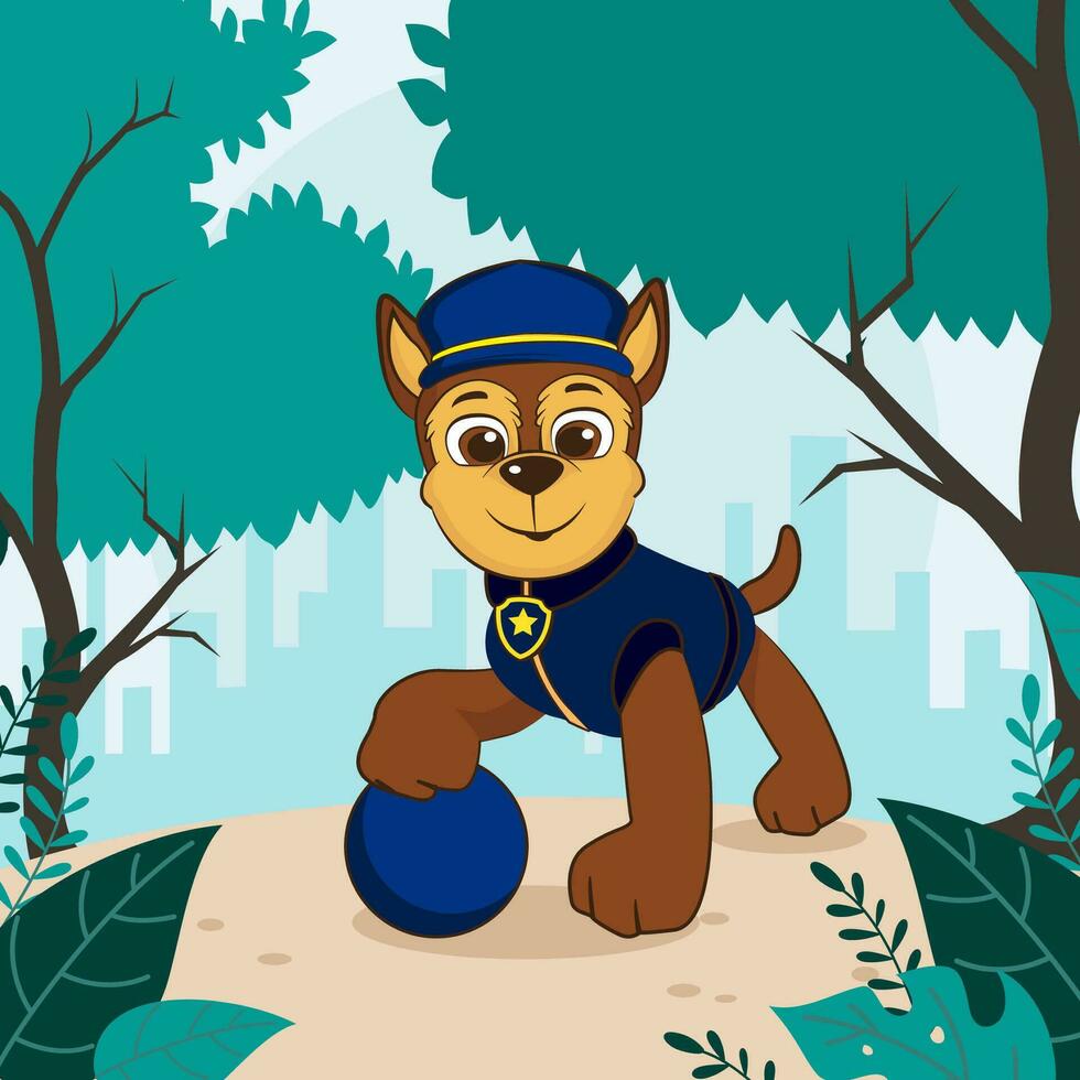 Dog In Police Costume Playing Ball vector