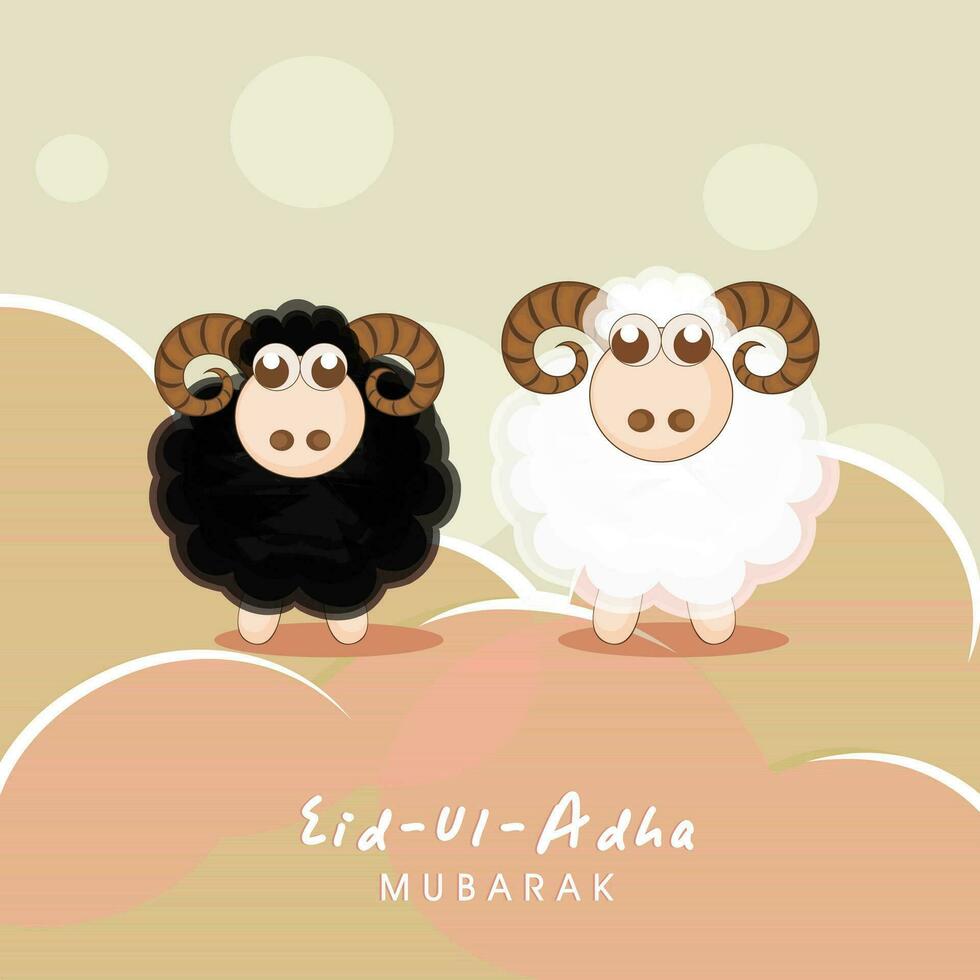 eid-ul-adha Mubarak saludo tarjeta con dos dibujos animados oveja caracteres en rosado y beige antecedentes. islámico festival de sacrificio concepto. vector