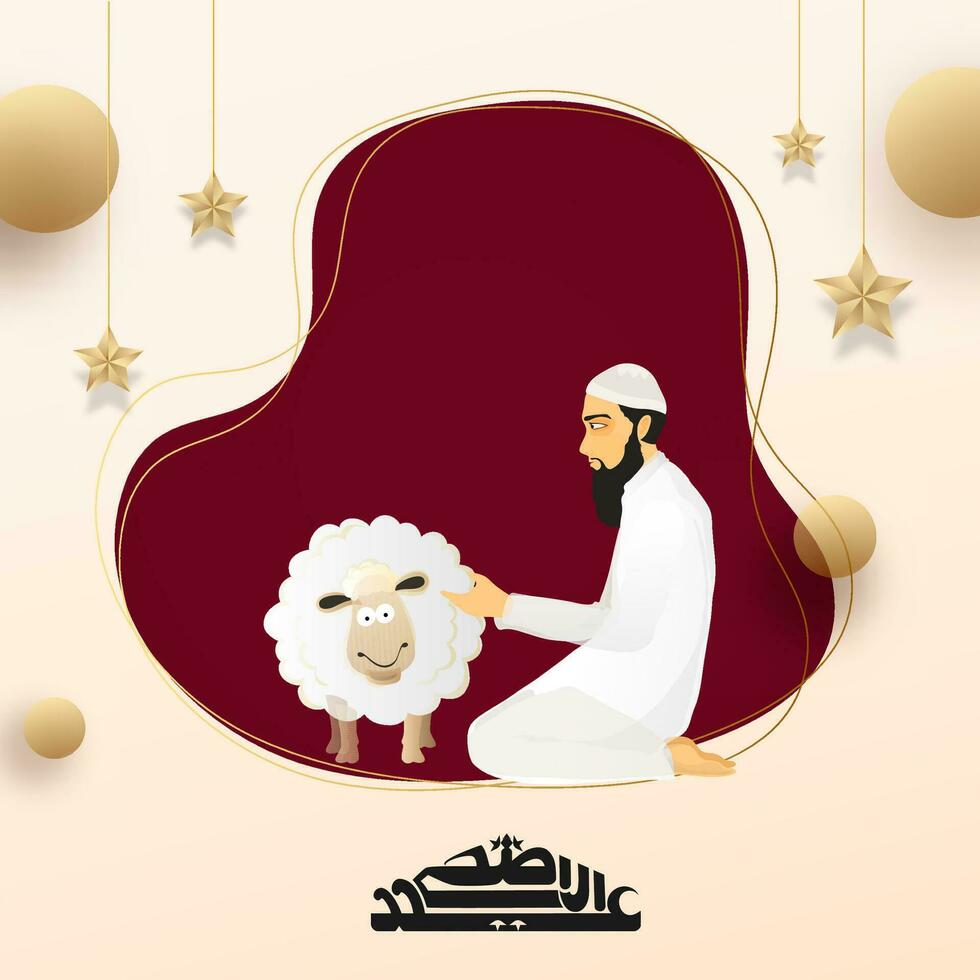 Arabic Calligraphy of Eid-Al-Adha Mubarak with Muslim Man Character Praying Before Sacrifice of Sheep on Red and Beige Background. vector