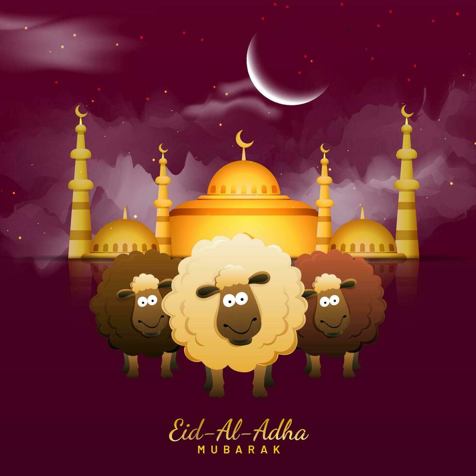 Eid al-Adha Mubarak saludo tarjeta con Tres dibujos animados oveja en pie en frente de dorado mezquita ilustración en oscuro rosado creciente Luna noche antecedentes. vector