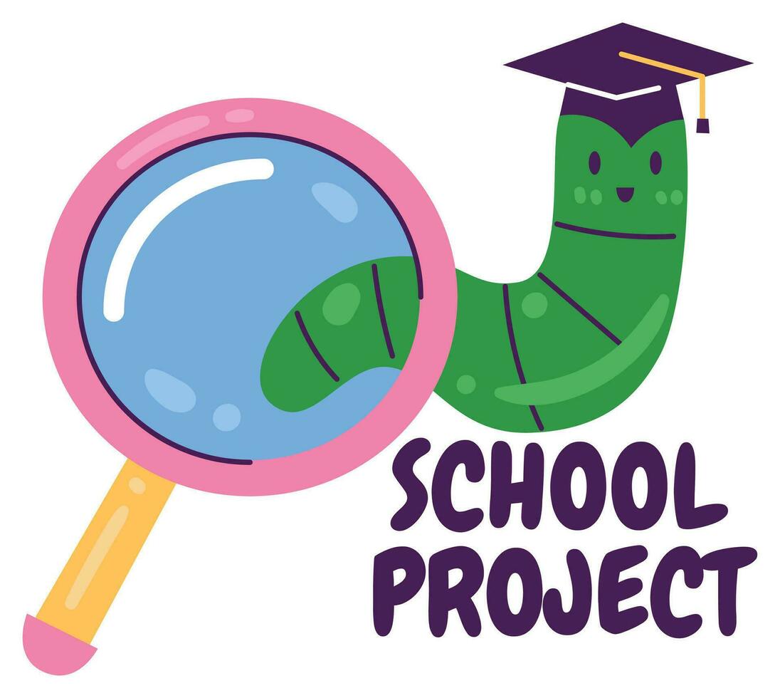 back to school concept. Vector illustration of school project with worm, magnifier and graduate cap.