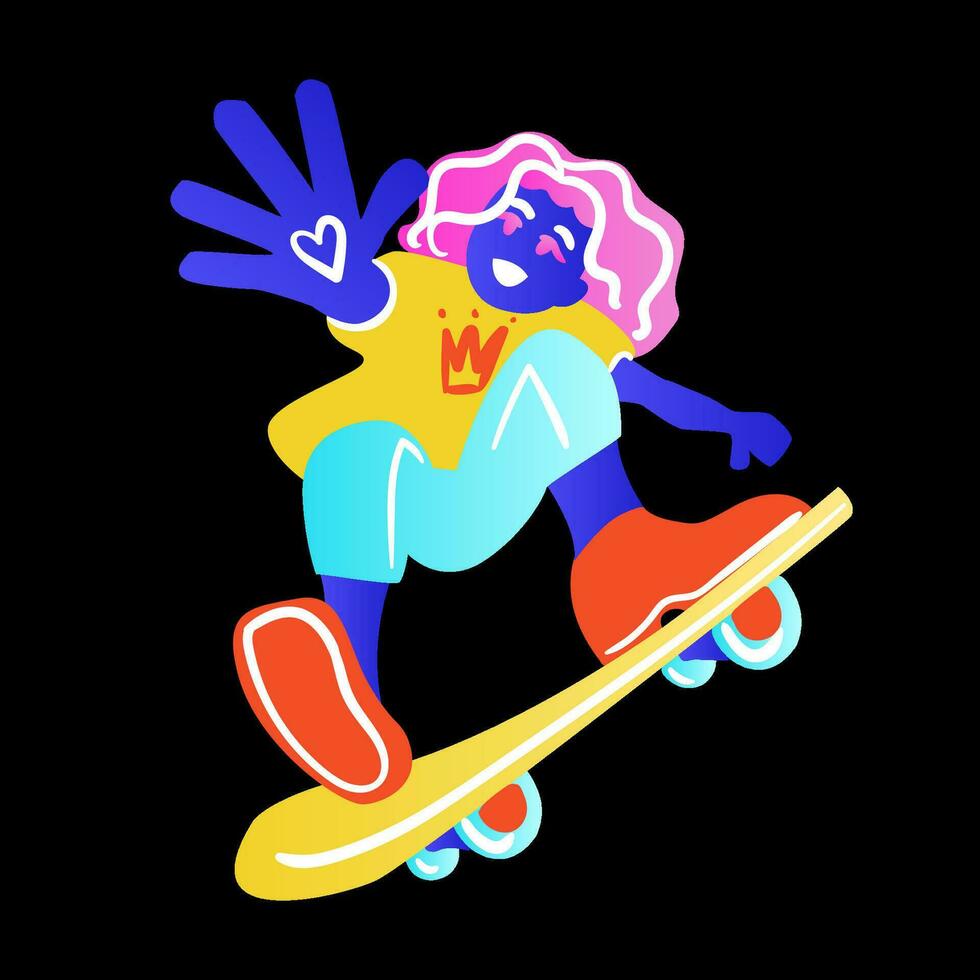 Skateboarder on black background. The skateboarder man is doing a trick. Skateboarder in bright neon color t-shirt design. Vector illustration