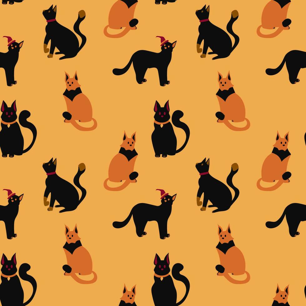 Víspera de Todos los Santos bruja gatos sin costura modelo en plano estilo, mano dibujado brujería textura. gráfico impresión para ropa, tela, fondo de pantalla, envase papel. vector