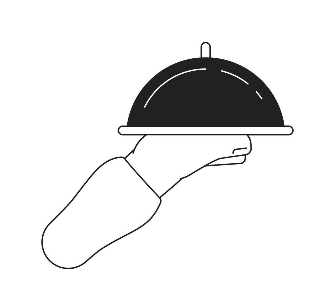 Hand hold silver cloche flat monochrome flat vector object. Waiter hand and tray on it. Editable black and white thin line icon. Simple cartoon clip art spot illustration for web graphic design