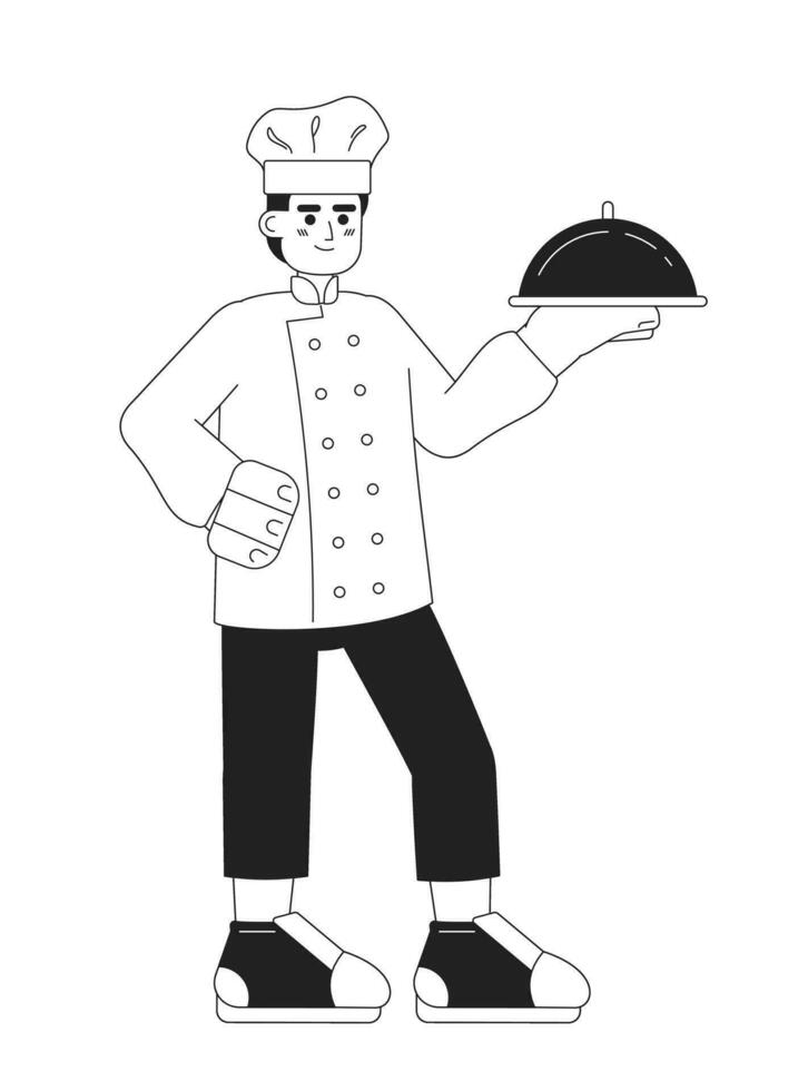 caucásico masculino cocinero estar con plata bandeja monocromo plano vector personaje. editable lleno cuerpo hombre con comida en blanco. sencillo bw dibujos animados Mancha imagen para web gráfico diseño