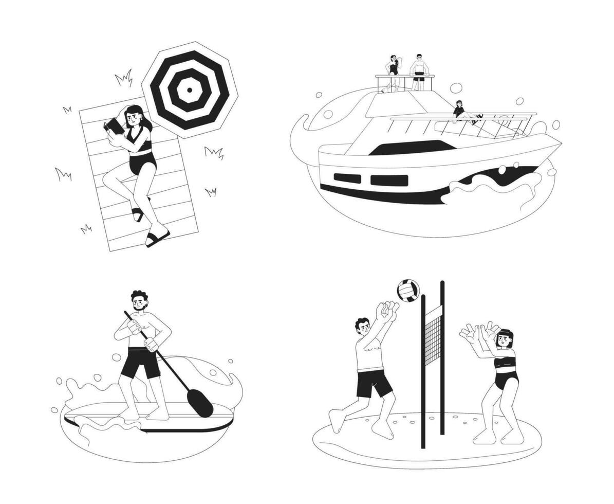 Enjoy summer break monochrome vector spot illustration set. 2D flat bw cartoon characters for web UI design. Volleyball sand. Yacht. Reading book beach isolated editable hand drawn hero image pack