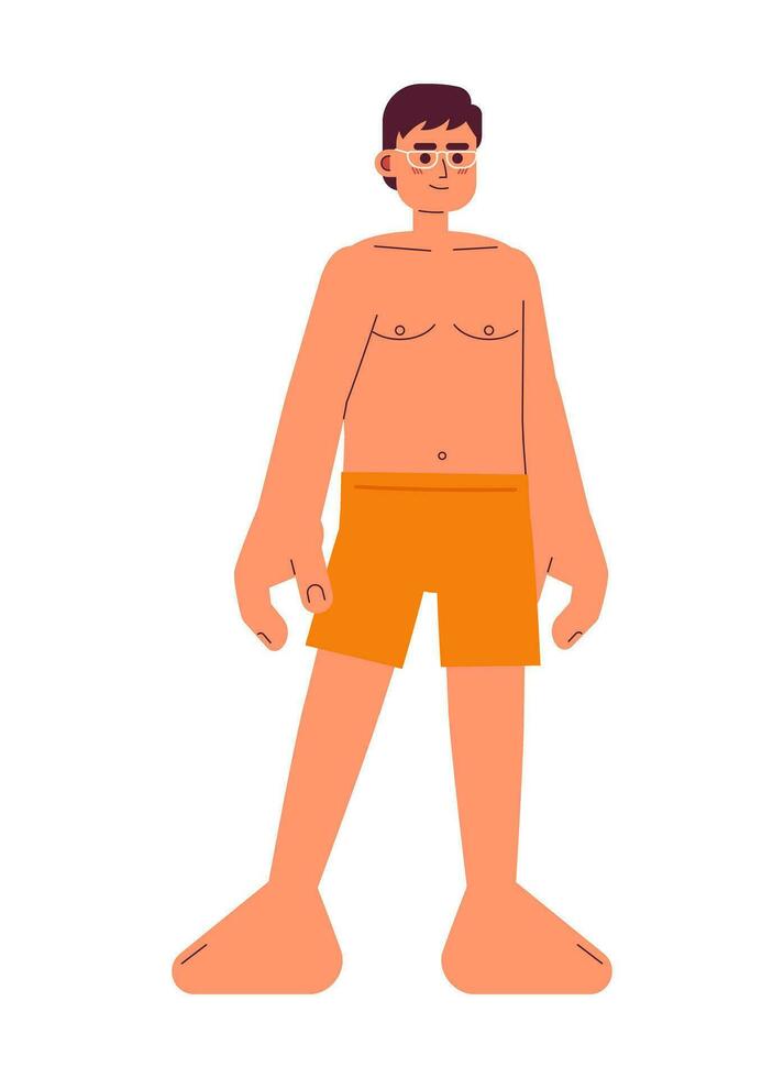 los anteojos asiático hombre en trajes de baño en pie semi plano vistoso vector personaje. público nadando piscina. editable lleno cuerpo persona en blanco. sencillo dibujos animados Mancha ilustración para web gráfico diseño