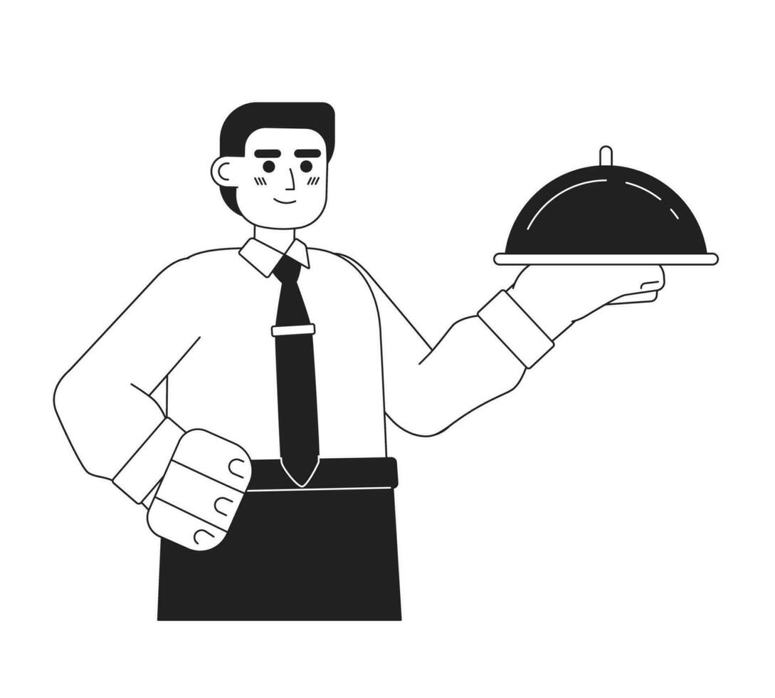 Waiter with dish monochromatic flat vector character. Editable thin line half body young caucasian man hold tray with dome on white. Simple bw cartoon spot image for web graphic design.