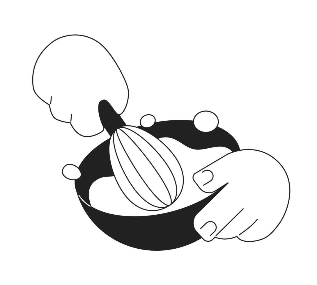 mano sostener cuenco y mezcla masa plano monocromo plano vector objeto. flagelación crema con batidor. editable negro y blanco Delgado línea icono. sencillo dibujos animados acortar Arte Mancha ilustración para web gráfico diseño