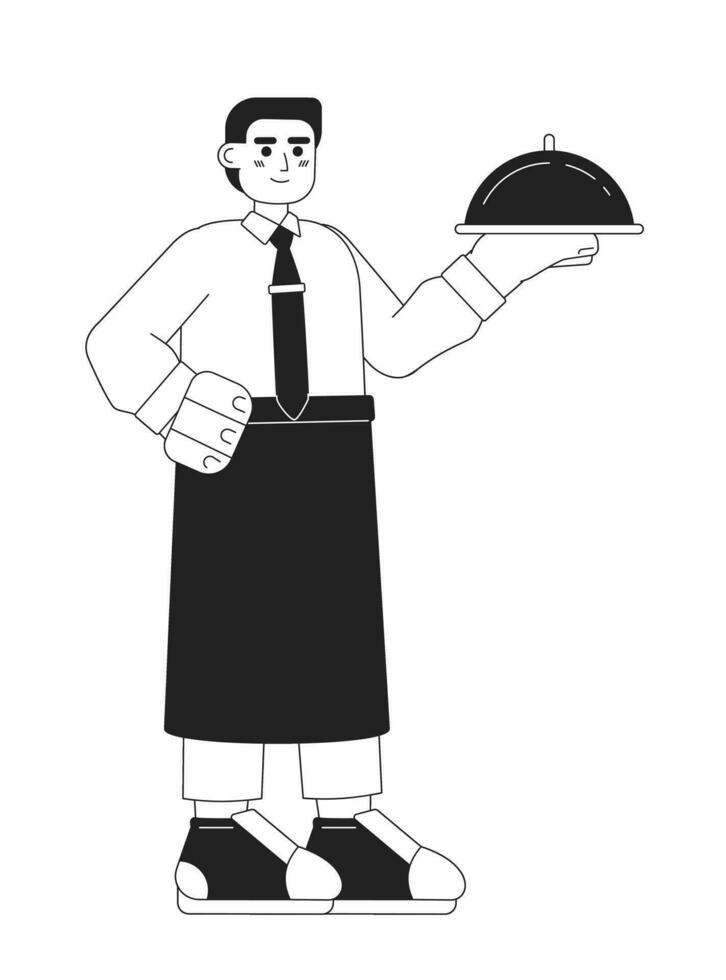 Waiter stand with tray monochromatic flat vector character. Editable outline full body male worker with fresh food on white. Cooking character Simple bw cartoon spot image for web graphic design