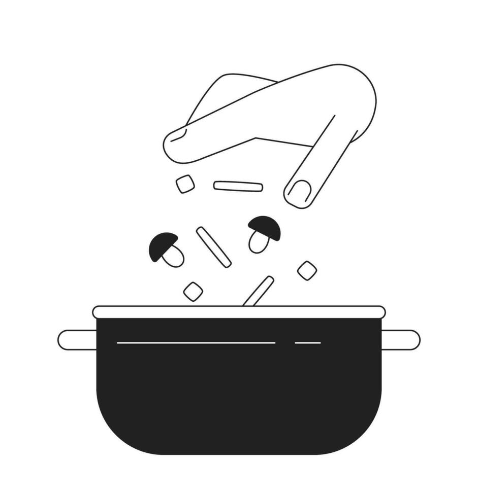 Add vegetables in pan flat monochrome flat vector object. Food preparation in steel pot.Editable black and white thin line icon. Simple cartoon clip art spot illustration for web graphic design