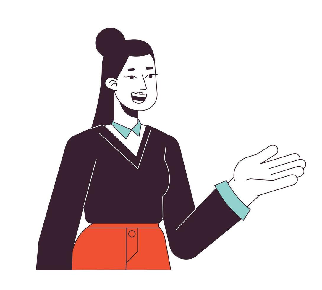 Asian female office worker recommend opinion flat line color vector character. Editable outline half body person on white. Greeting at work simple cartoon spot illustration for web graphic design
