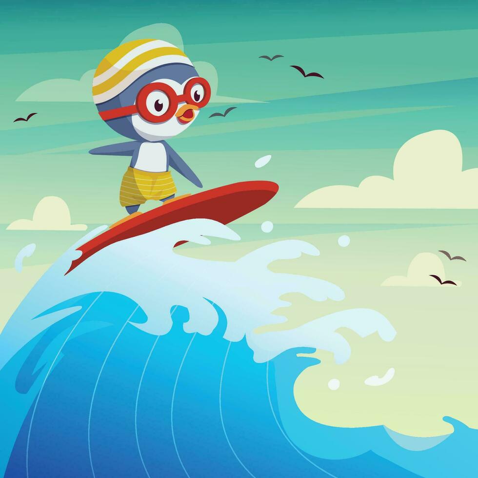 Cute Little Penguin Surfing on the Beach vector